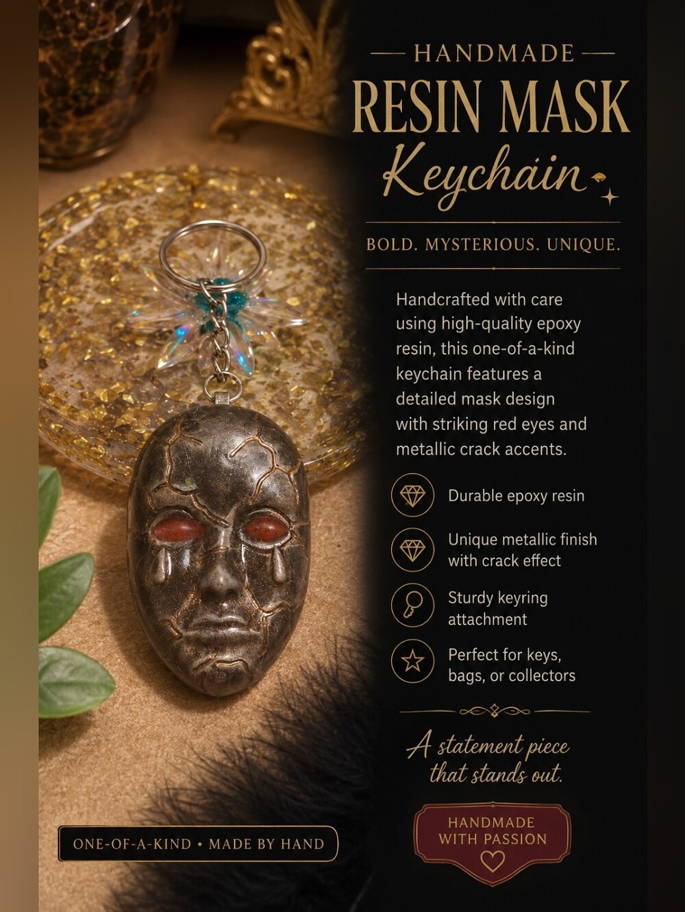 Silver-tone ,Goldtone Mask Keychain with Red Eye Accents